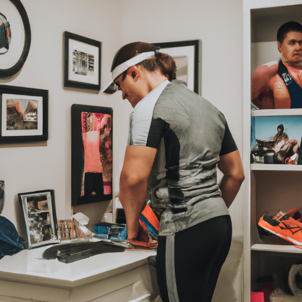Person preparing for workout with determination, family photos visible in background